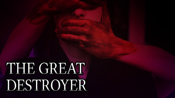 The hands of a man, slathered in paint, grab a woman from behind, covering her mouth and eyes.