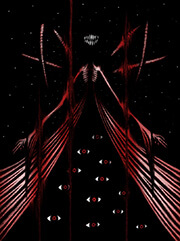 With arms outstretched, the eldritch god known as the Lord in White unfurls its cloak, revealing a multitude of eyes set upon an infinite darkness. Insectile limbs loom overhead, with its gore-slicked teeth clenched and disembodied upon the void.