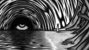 A sentient black hole rises above a sea of liquid flesh. To the right, a shore leads to a forest of hands and feet, towering into the sky.