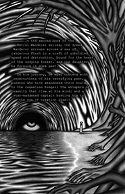 A sentient black hole rises above a sea of liquid flesh. To the right, a shore leads to a forest of hands and feet, towering into the sky.