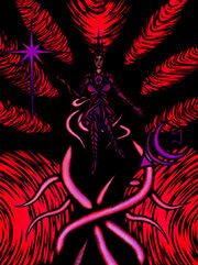 An armored woman sits upon a throne of writhing tentacles, her eyes glowing with a fiery red as she grins with malice. Reality splits open behind her in the shape of a tree. Her right gauntlet is raised to a symbol of the sun, while her left is outstretched to a symbol of the moon.